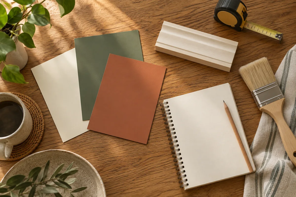 Illustrative paint samples, trim sample and a blank planning notebook